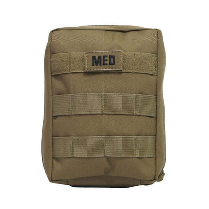 Compact IFAK first aid kit designed for tactical users with a tan exterior and MOLLE straps.