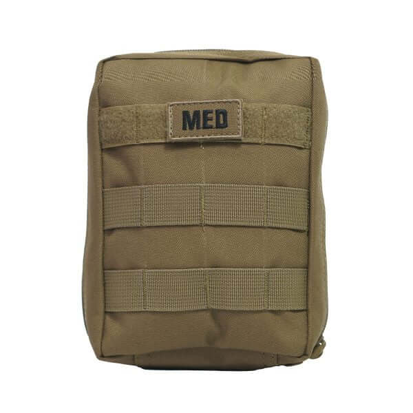 Compact IFAK first aid kit designed for tactical users with a tan exterior and MOLLE straps.