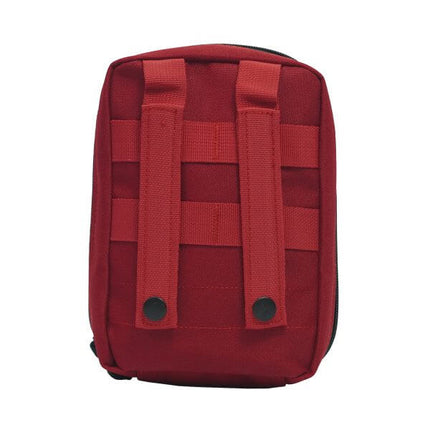 Compact IFAK red first aid kit pouch with straps for emergency medical supplies.