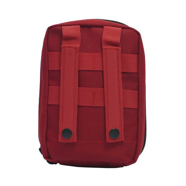 Compact IFAK red first aid kit pouch with straps for emergency medical supplies.