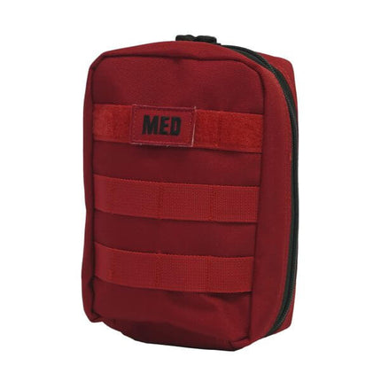 Compact IFAK red first aid kit designed for basic and bleeding wound care in tactical situations.