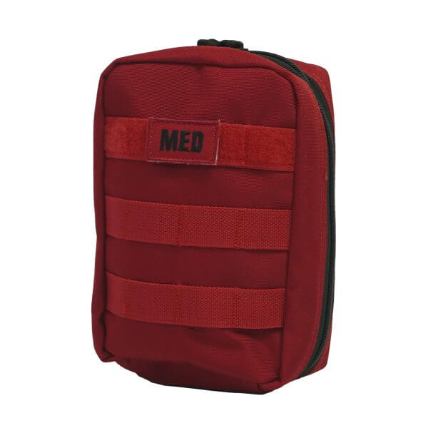 Compact IFAK red first aid kit designed for basic and bleeding wound care in tactical situations.