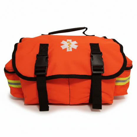 Orange emergency bag with black straps and a medical symbol on a white background