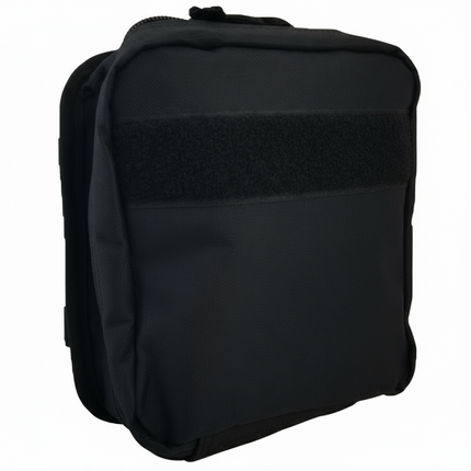 Compact black tactical first aid kit bag with velcro strap, ideal for emergency medical response.
