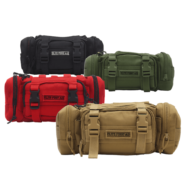 Rapid Response Trauma Kit in four colors: black, red, green, and tan, featuring durable MOLLE design.
