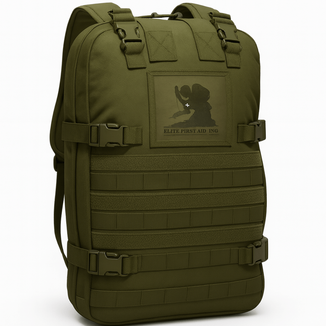 STOMP Medical Backpack in olive green, featuring MOLLE straps and a professional first aid logo.