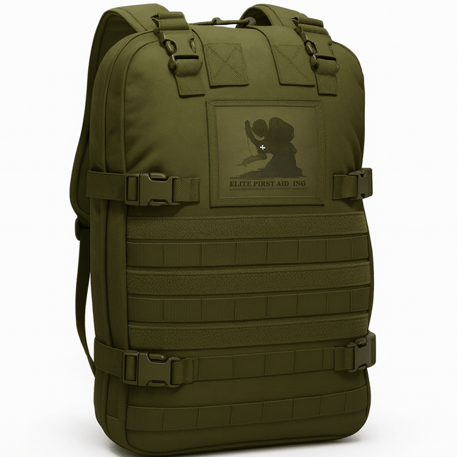 STOMP Medical Backpack in olive green, featuring MOLLE straps and a professional first aid logo.