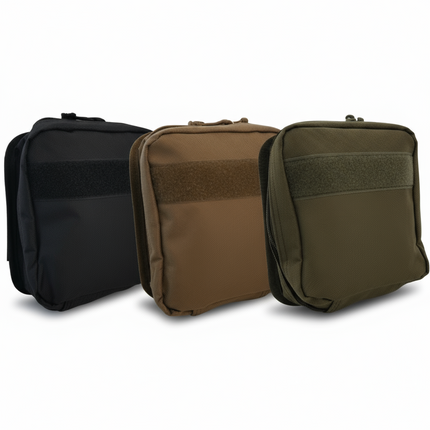 Three compact tactical bags in black, tan, and olive green for first aid kits or gear storage.