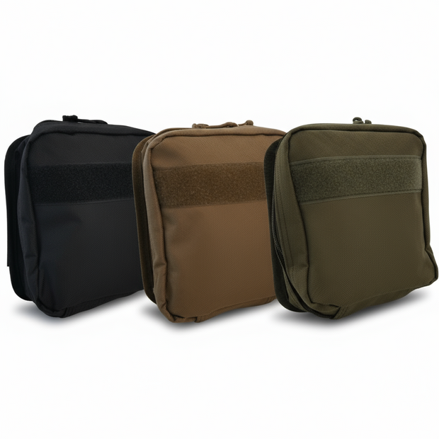 Three compact tactical bags in black, tan, and olive green for first aid kits or gear storage.