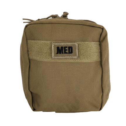 Compact tactical first aid kit in tan with a 'MED' patch, designed for quick access to medical supplies.
