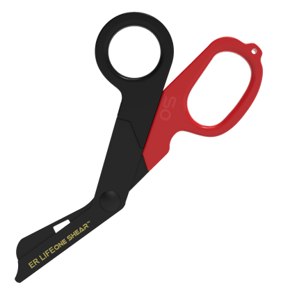 Emergency trauma shears for EMTs in black and red, featuring a thick steel blade for effective cutting.