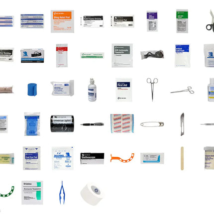 Collection of medical supplies including bandages, scissors, and other first aid items on a white background.