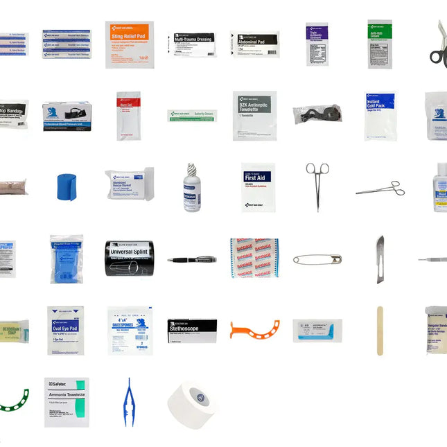 General-Purpose First Aid Backpack supplies including bandages, antiseptics, scissors, and other medical essentials.