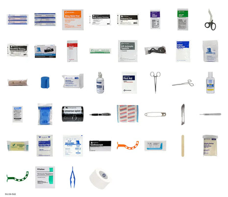 Collection of medical supplies including bandages, scissors, and other first aid items on a white background.