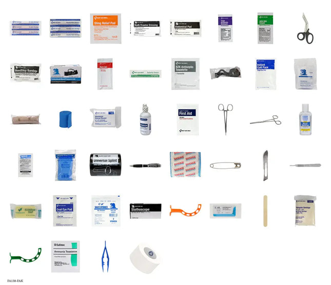 Collection of medical supplies including bandages, scissors, and other first aid items on a white background.