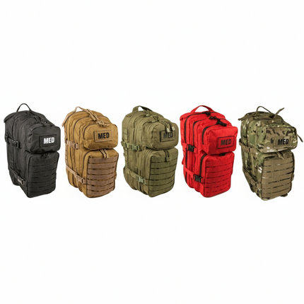 Full line up of EFA Tactical Trauma Kits - Advanced in colors black, tan, green, red, and multicam