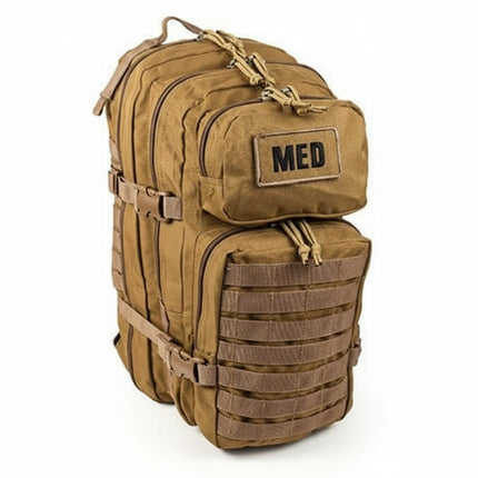 Front view of closed EFA Tactical Trauma Kit in a compact multicam MOLLE pouch with cross patch identifier. Designed for quick access in tactical, emergency, or survival situations. Color tan