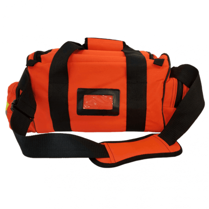 Durable orange first responder jump bag with handles and shoulder strap for easy transport and rapid deployment.