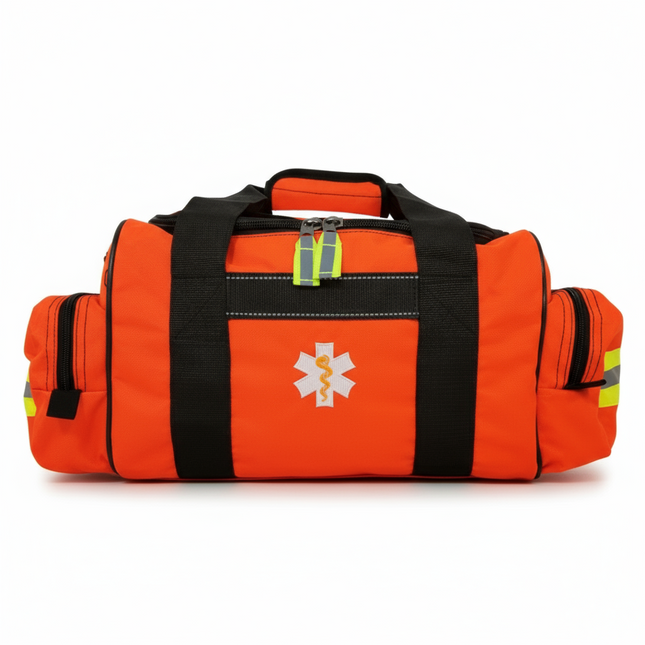 Bright orange first responder jump bag with reflective stripes and EMT star emblem, designed for emergency situations.