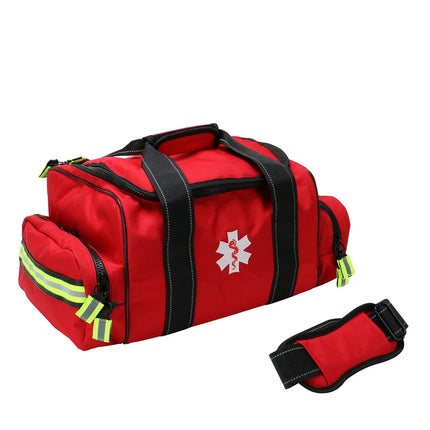 Red emergency bag with black straps and a white medical symbol on a white background