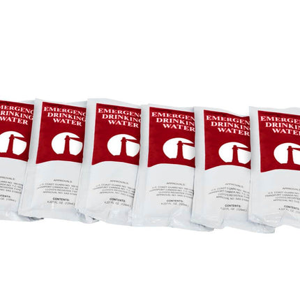 Six packets of emergency drinking water for survival kits and preparedness.