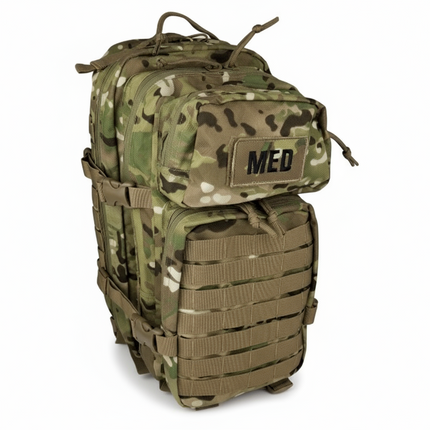 Front view of closed Elite First Aid Tactical Trauma Kit in a compact multicam MOLLE pouch with cross patch identifier. Designed for quick access in tactical, emergency, or survival situations. Color multicam / camoflauge