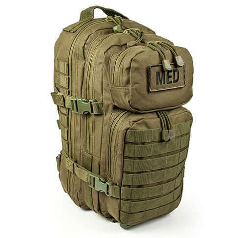 Front view of closed EFA Tactical Trauma Kit in a compact multicam MOLLE pouch with cross patch identifier. Designed for quick access in tactical, emergency, or survival situations. Color green / od green