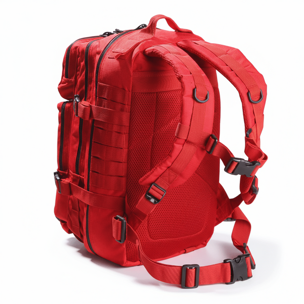 Side view of the EFA Tactical Trauma Kit backpack, highlighting adjustable shoulder straps, MOLLE webbing, and durable construction for field deployment.