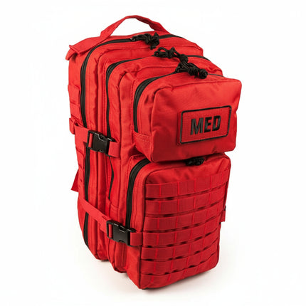 Front view of closed EFA Tactical Trauma Kit in a compact multicam MOLLE pouch with cross patch identifier. Designed for quick access in tactical, emergency, or survival situations. In red color