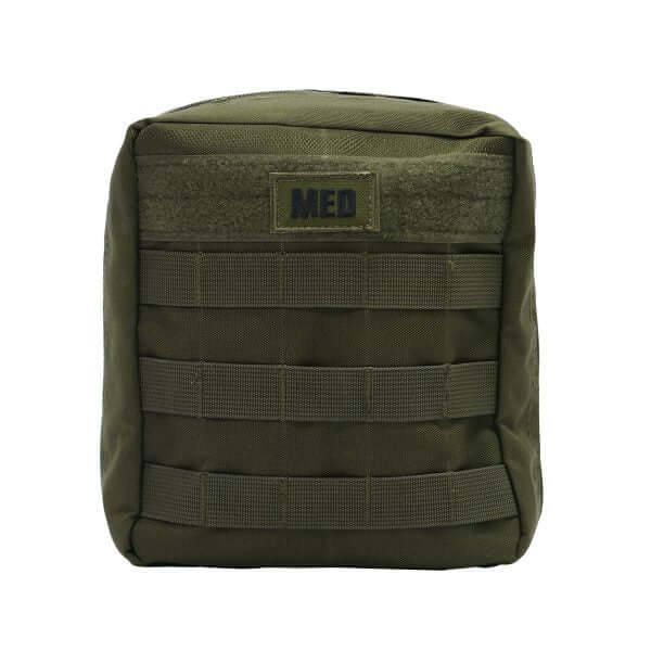 General Purpose First Aid Kit with MOLLE attachment and adjustable buckle in olive drab color.
