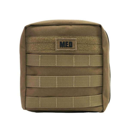 Brown tactical medical pouch with 'MED' label on a white background