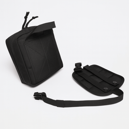 Black tactical pouch with a strap on a white background