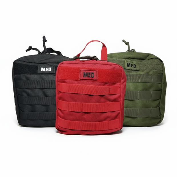 Three versatile first aid kit bags in black, red, and green with MOLLE straps designed for tactical preparedness.