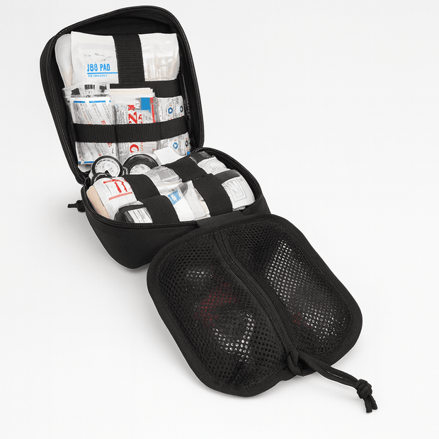 Black first aid kit with open lid showing medical supplies on a white background