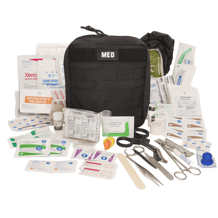 Black medical kit with various supplies on a white background