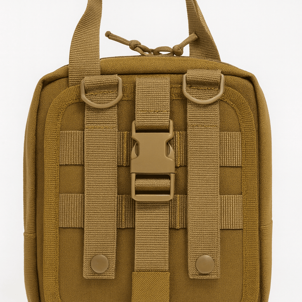 Tan tactical pouch with multiple straps on a white background