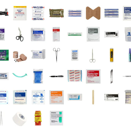 Collection of medical supplies including bandages, scissors, and other first aid items on a white background.