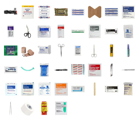 Collection of medical supplies including bandages, scissors, and other first aid items on a white background.