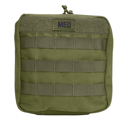 Green tactical medical pouch with multiple straps on a white background