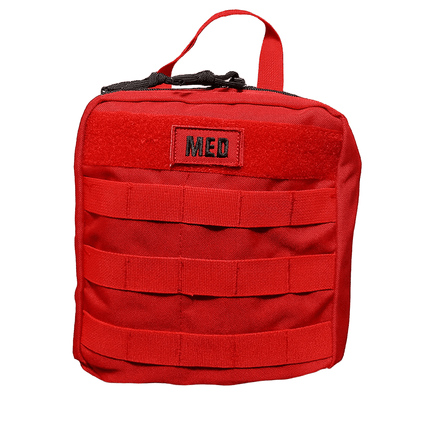 Red tactical medical bag with 'MED' label on a beige background
