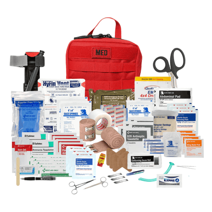 General Purpose First Aid Kit – Med Pro with various medical supplies and a compact red case.