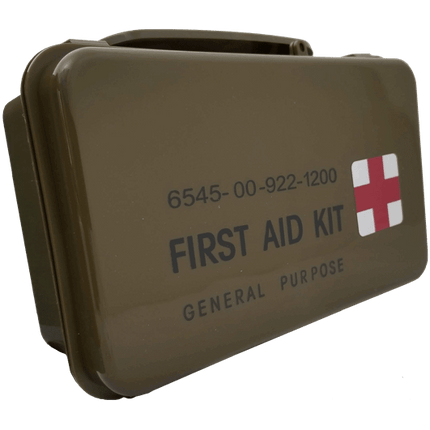 General Purpose First Aid Kit in a durable brown plastic case with red cross symbol.
