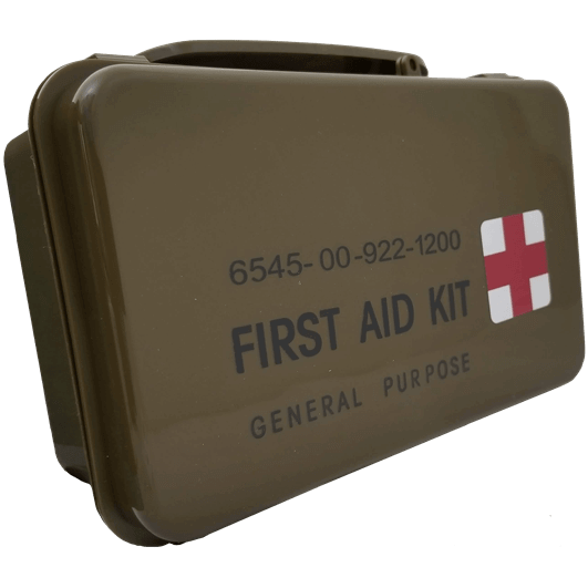 General Purpose First Aid Kit in a durable brown plastic case with red cross symbol.