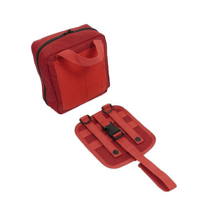 General Purpose First Aid Kit red bag with adjustable strap and securing panel for emergency readiness.