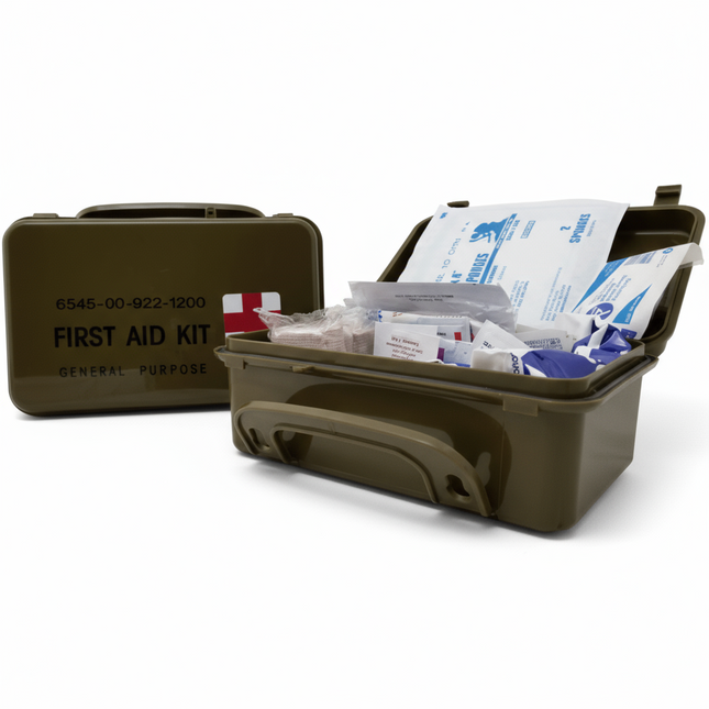 First aid kit with supplies on a black background