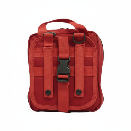 Red General Purpose IFAK first aid kit with MOLLE straps and secure buckle system for quick access.