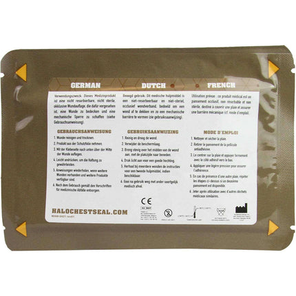 Back packaging of Halo Chest Seal, showing instructions in German, Dutch, and French for non-vented use.
