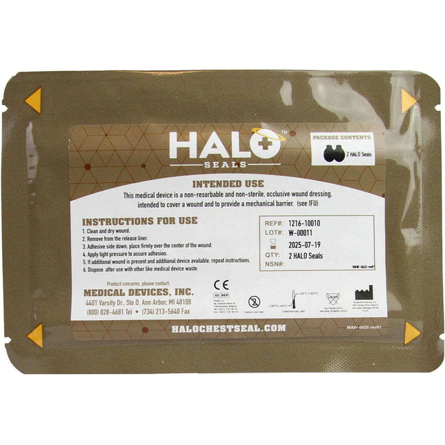 Halo Chest Seal Twin Pack Non-Vented packaging with instructions and contents label for occlusive wound dressing.