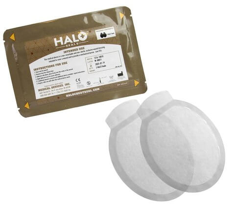 Halo Chest Seal twin pack with instructions, featuring two non-vented occlusive dressings for tension pneumothorax treatment.