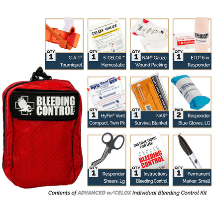 Individual Bleeding Control Kit | Public Access IFAK components including tourniquet, gauze, gloves, and instructions.